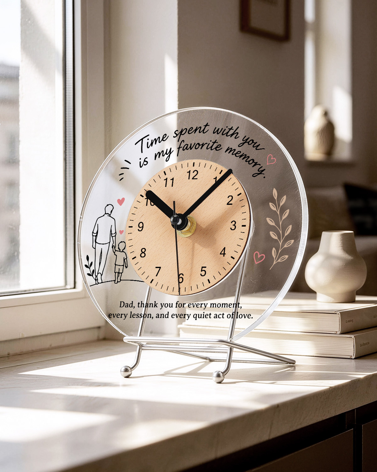 Custom Round Acrylic Desktop and Wall Clock with Wooden Dial