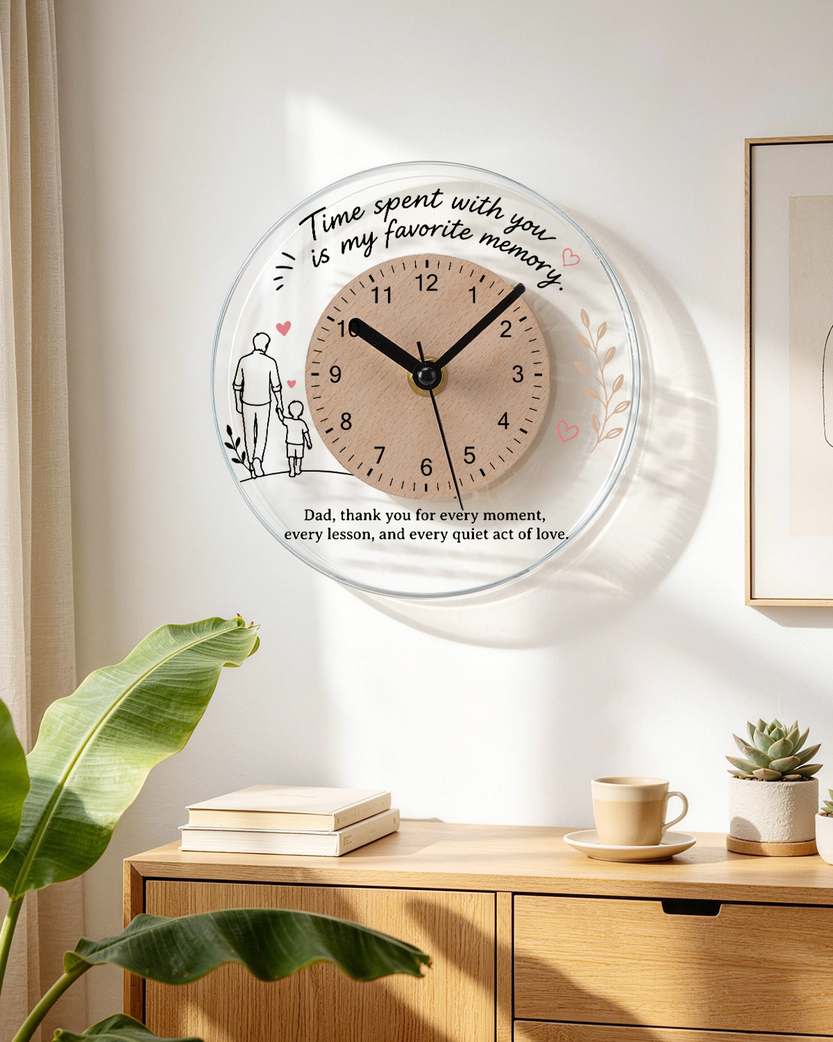 Custom Round Acrylic Desktop and Wall Clock with Wooden Dial