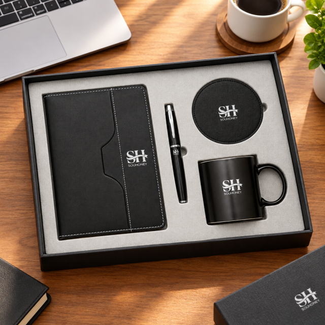 Black Corporate Office Gift Set, A4 PU Leather Notebook, Signature Pen, Leather Coaster, 350ml Matte Mug, Custom Logo Business Gift