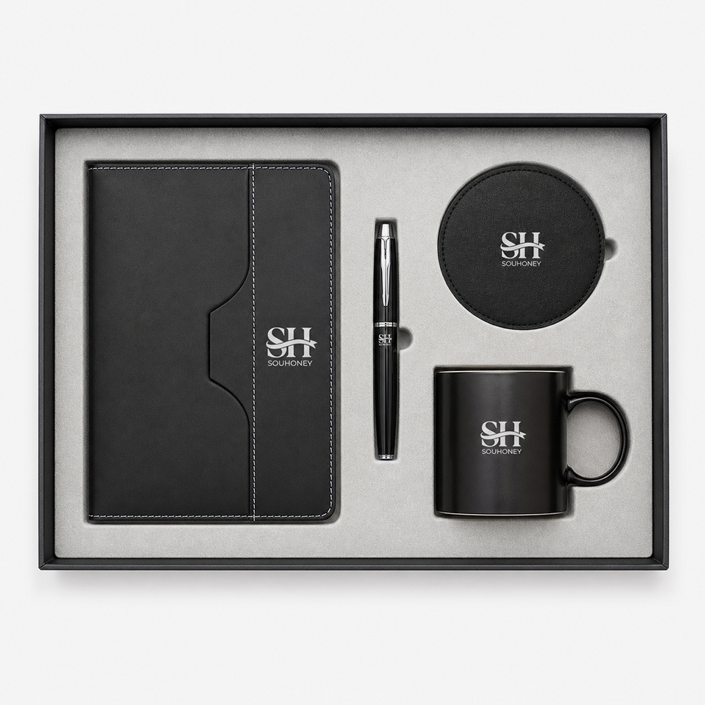 Black Corporate Office Gift Set, A4 PU Leather Notebook, Signature Pen, Leather Coaster, 350ml Matte Mug, Custom Logo Business Gift