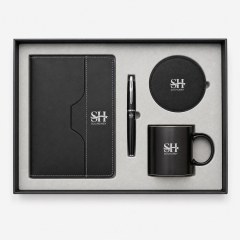 Black Corporate Office Gift Set, A4 PU Leather Notebook, Signature Pen, Leather Coaster, 350ml Matte Mug, Custom Logo Business Gift