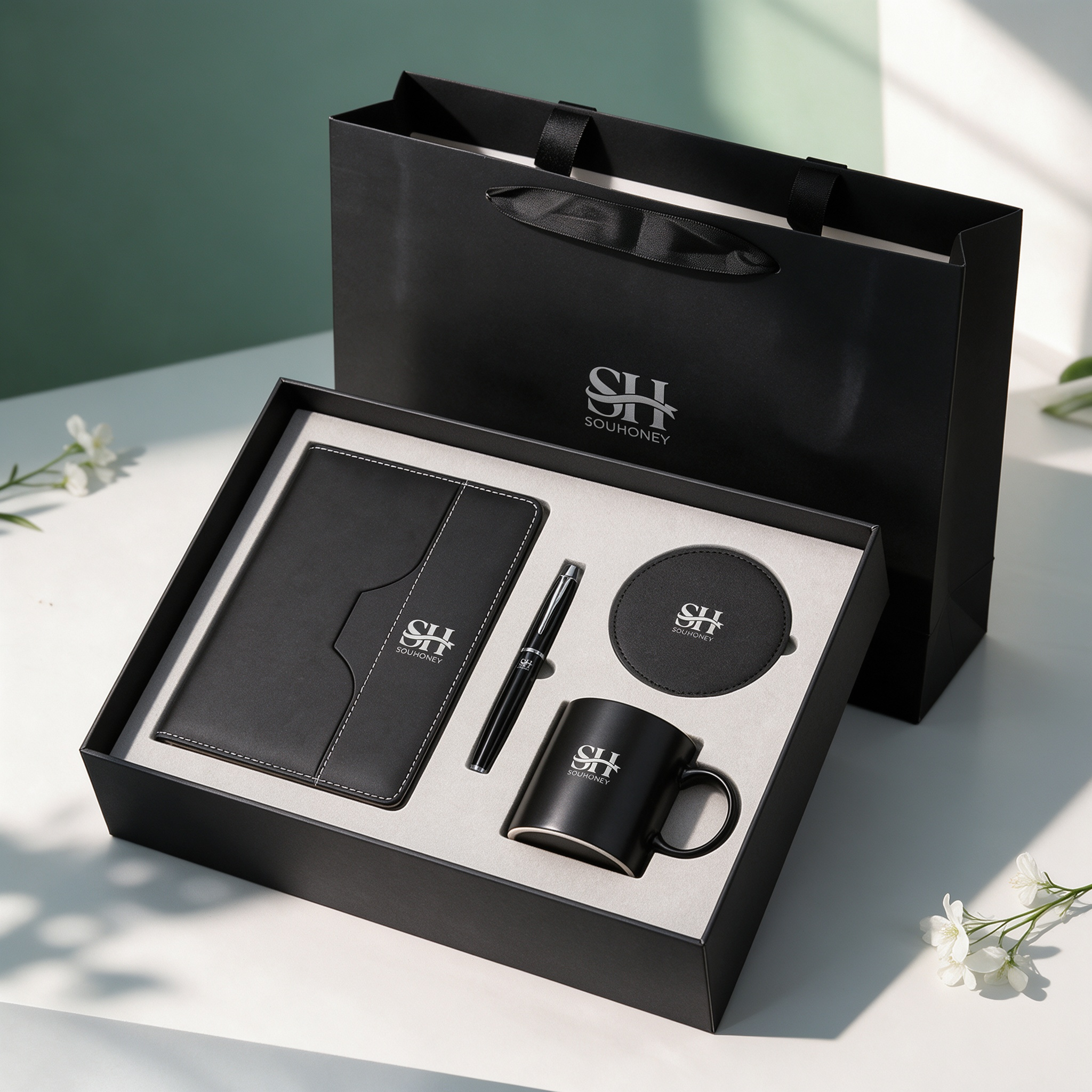 Black Corporate Office Gift Set, A4 PU Leather Notebook, Signature Pen, Leather Coaster, 350ml Matte Mug, Custom Logo Business Gift