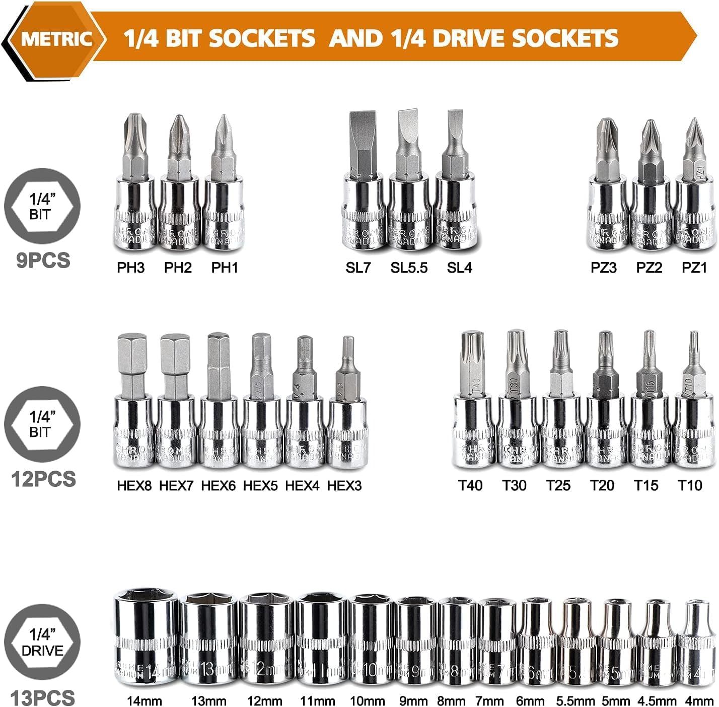 46 Pieces 1/4inch Drive Socket Ratchet Wrench set with Bit Socket Set