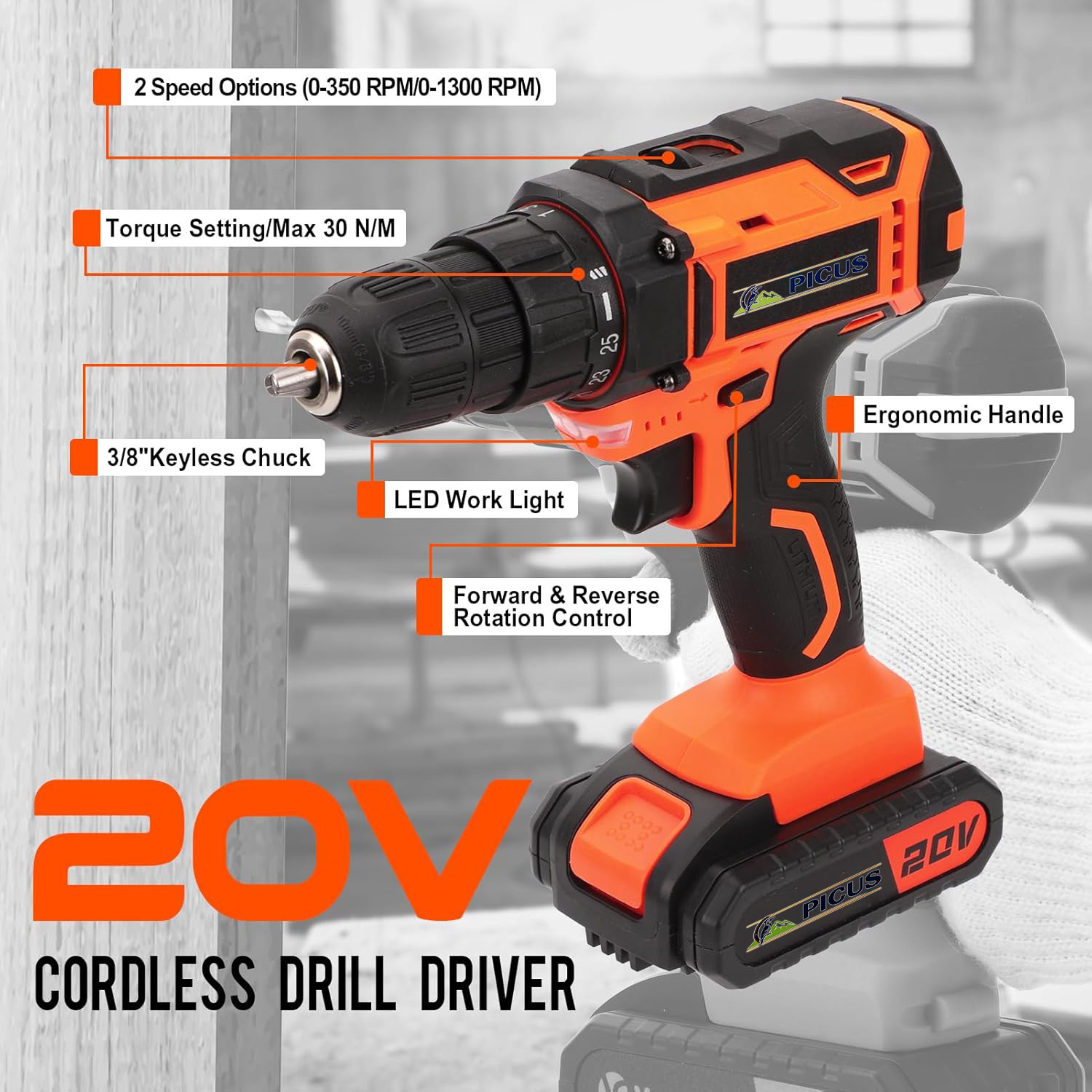 Tool Kit with Drill 20V Cordless Power with 2 Batteries