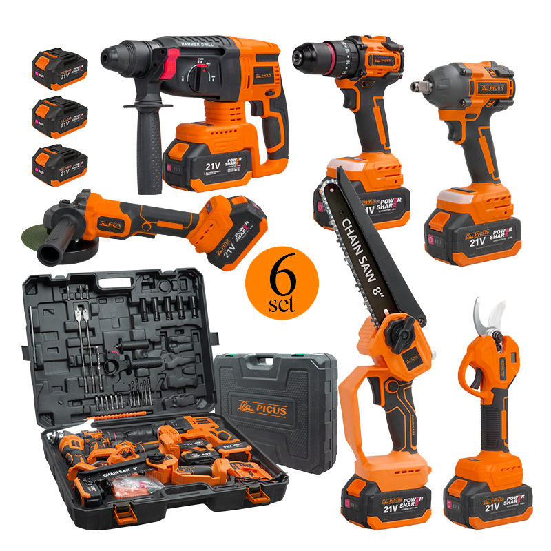 20v 6-in-1 Power Tool Set for Jobsite Wrench Drill Chainsaw Angle Grinder Pruning Shear Hammer Combo Kit Cordless Tool Set