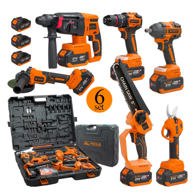 20v 6-in-1 Power Tool Set for Jobsite Wrench Drill Chainsaw Angle Grinder Pruning Shear Hammer Combo Kit Cordless Tool Set
