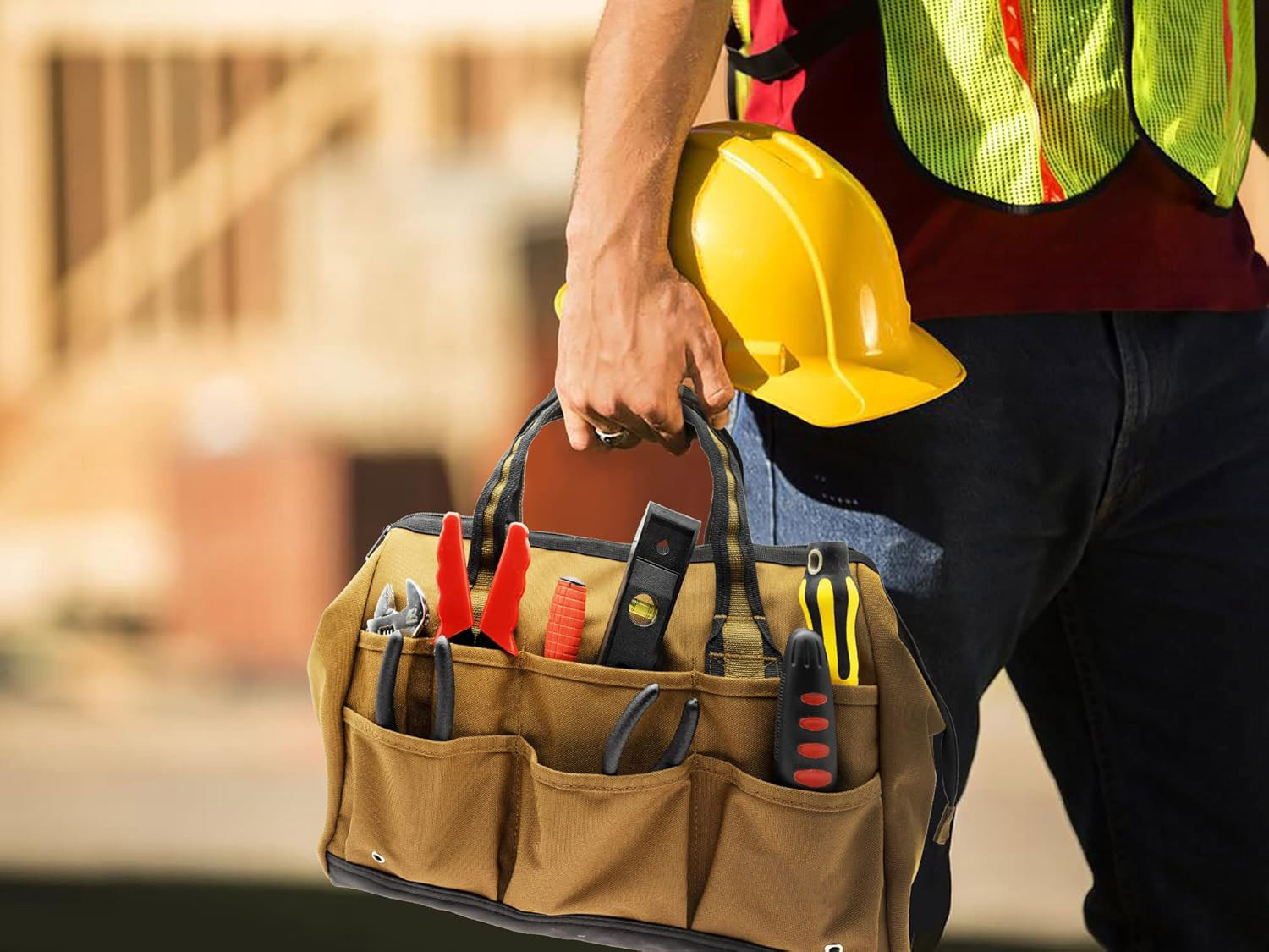 Wide-Mouth Tool Bag 14inch, Gear Bag, Multiple Purpose - for Plumbers, Electricians, Handymen Also Good for Daily Use