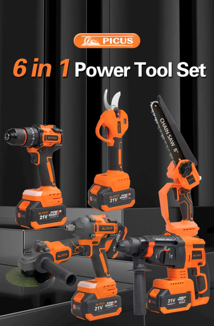 20v 6-in-1 Power Tool Set for Jobsite Wrench Drill Chainsaw Angle Grinder Pruning Shear Hammer Combo Kit Cordless Tool Set