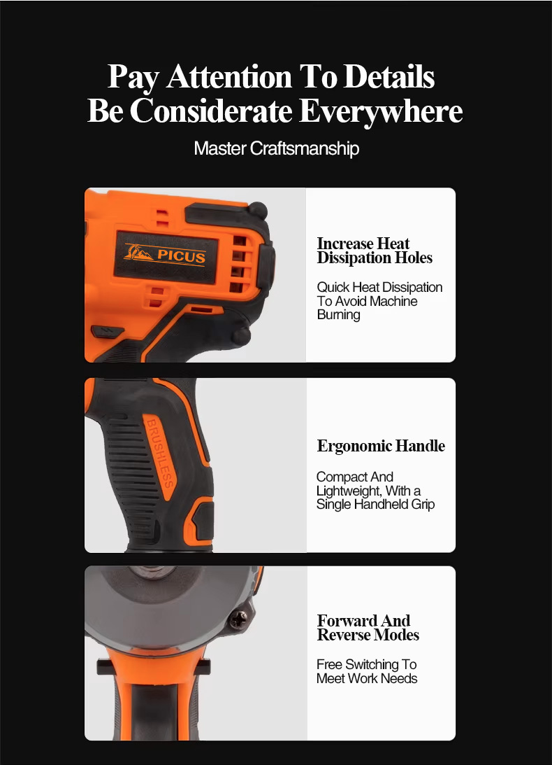PICSU PKS-040 21V 800NM Torque Brushless Impact Wrench Li-ion Battery Cordless Industrial Professional Power Tool for Car Truck