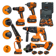 Brushless Cordless 5 in 1 Tool Set Power Wrench 350N Impact Drill Angle Grinder Hammer Chainsaw Brushless Machine Power Tool Set