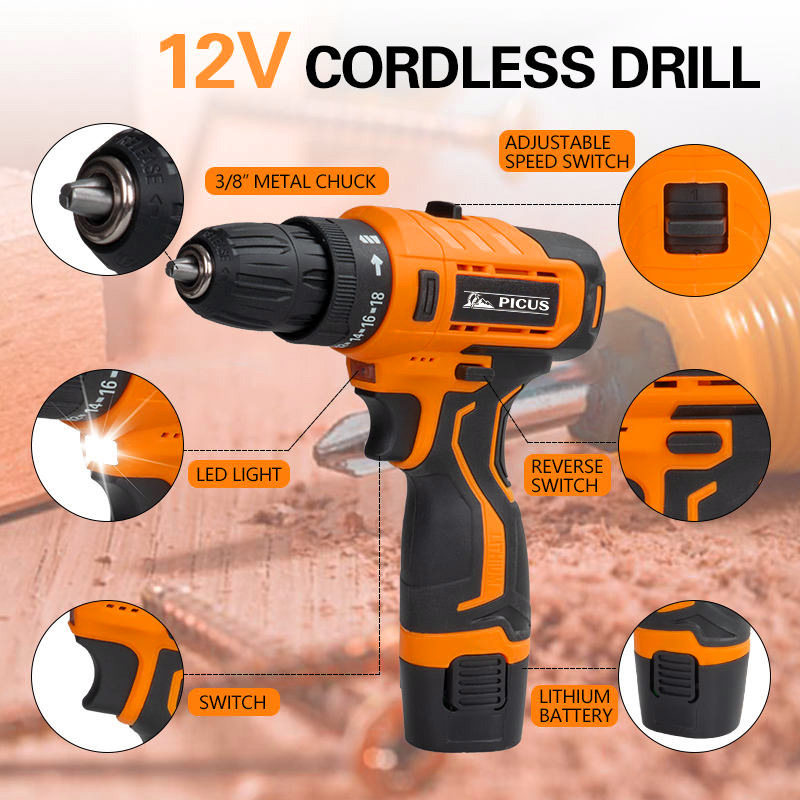 Super Power 12V Portable Power Drill Kit Li-ion Battery Electric Cordless Hand Drill with Accessories Plastic Box