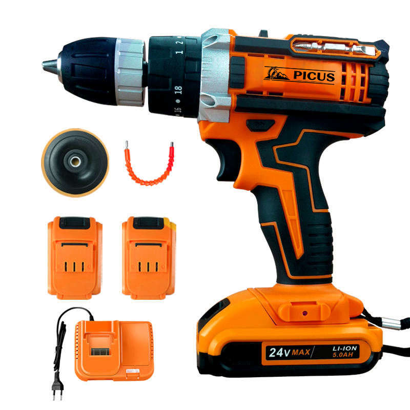 Good Quality 24 V Cordless Electric Drill Set with Impact Two Batteries One Charger Plastic Box Li-ion Cordless Hammer Drill