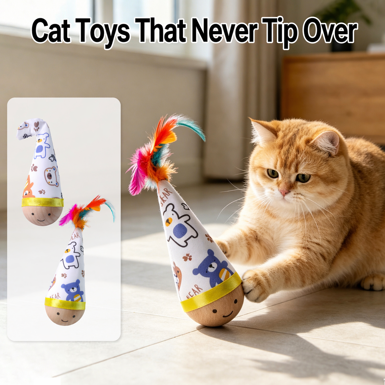 Cartoon Print Tumbler Cat Wooden Base Self Righting Wobble Toy