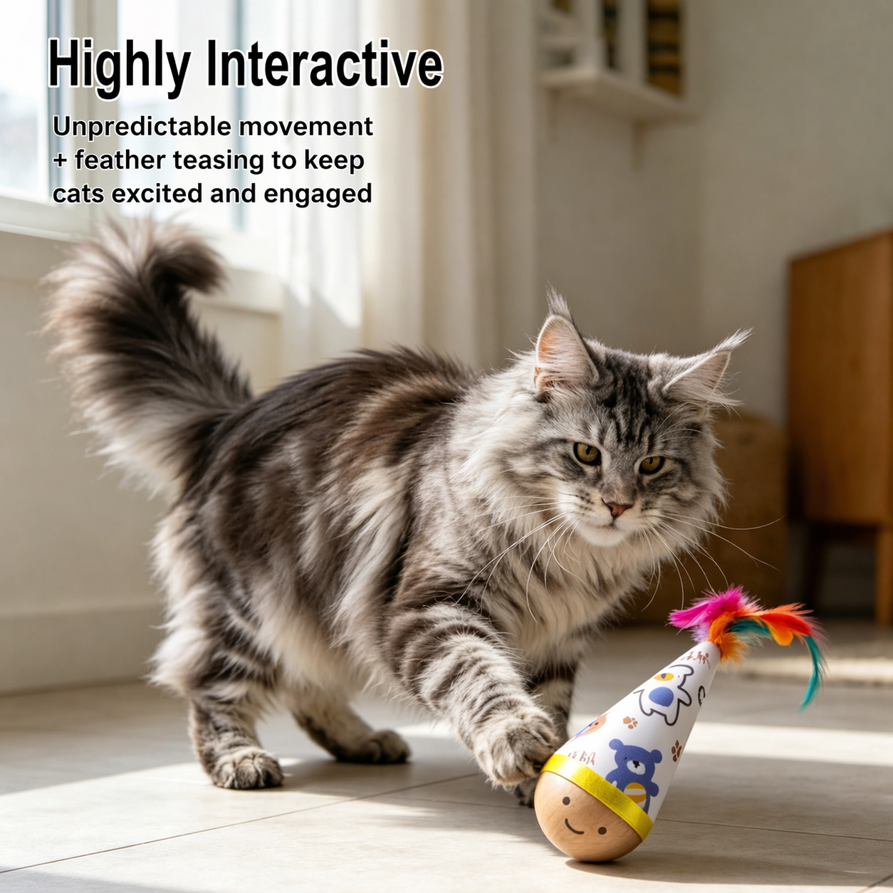 Cartoon Print Tumbler Cat Wooden Base Self Righting Wobble Toy
