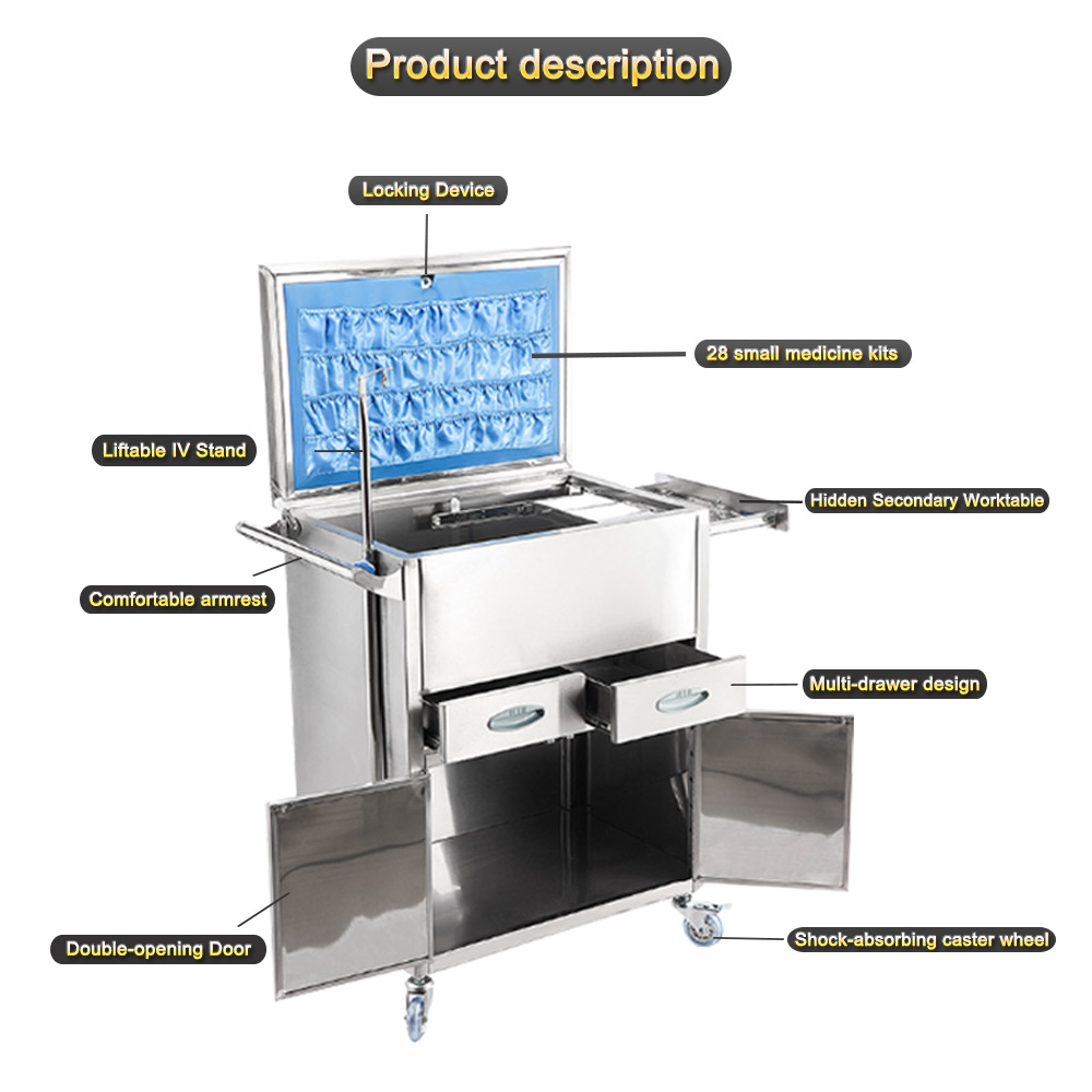 Nuoan 304 Stainless Steel Emergency Cart Medical Rescue Trolley with Drawers
