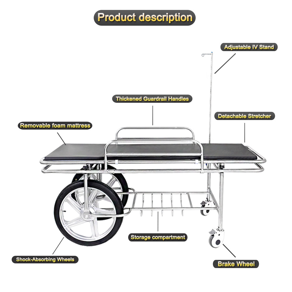 Nuoan Stainless Steel Stretcher Cart Four-Wheel Patient Transfer Cart for Hospital Emergency