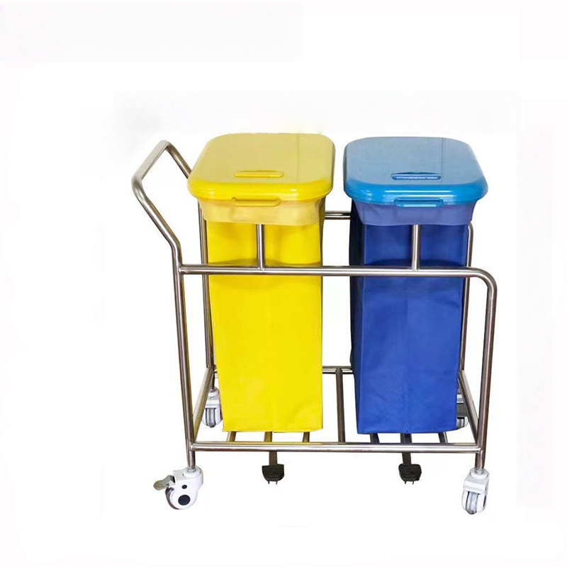 Hospital Double Pocket Dirt Bucket Cart with Cover Clinic Carry Dressing Dirt Cart Cleaning Trolley Wholesale Nuoan Medical