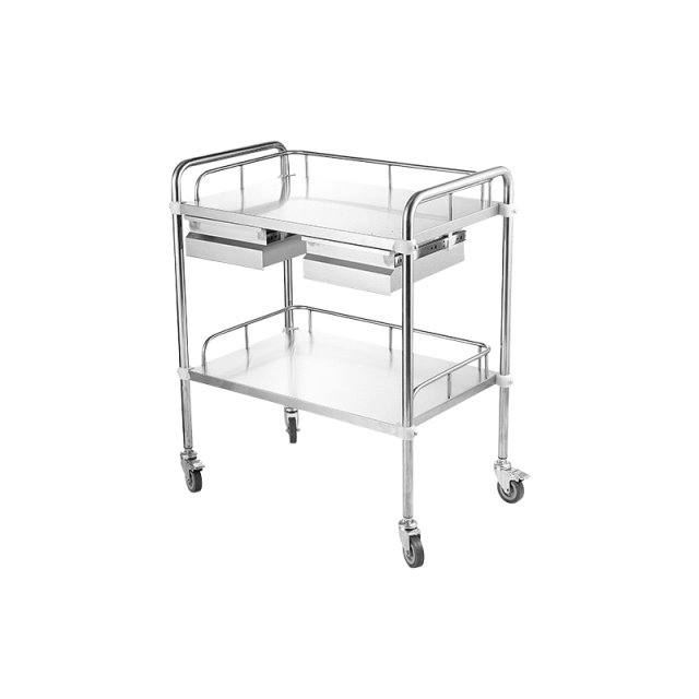 Factory Wholesale Hospital Trolley 2-Tiers with Double Drawers Stainless Steel Treatment Trolley