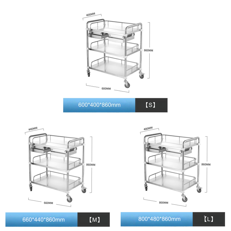 Factory Wholesale Hospital Trolley 3-Tiers with Double Drawers Stainless Steel Treatment Trolley