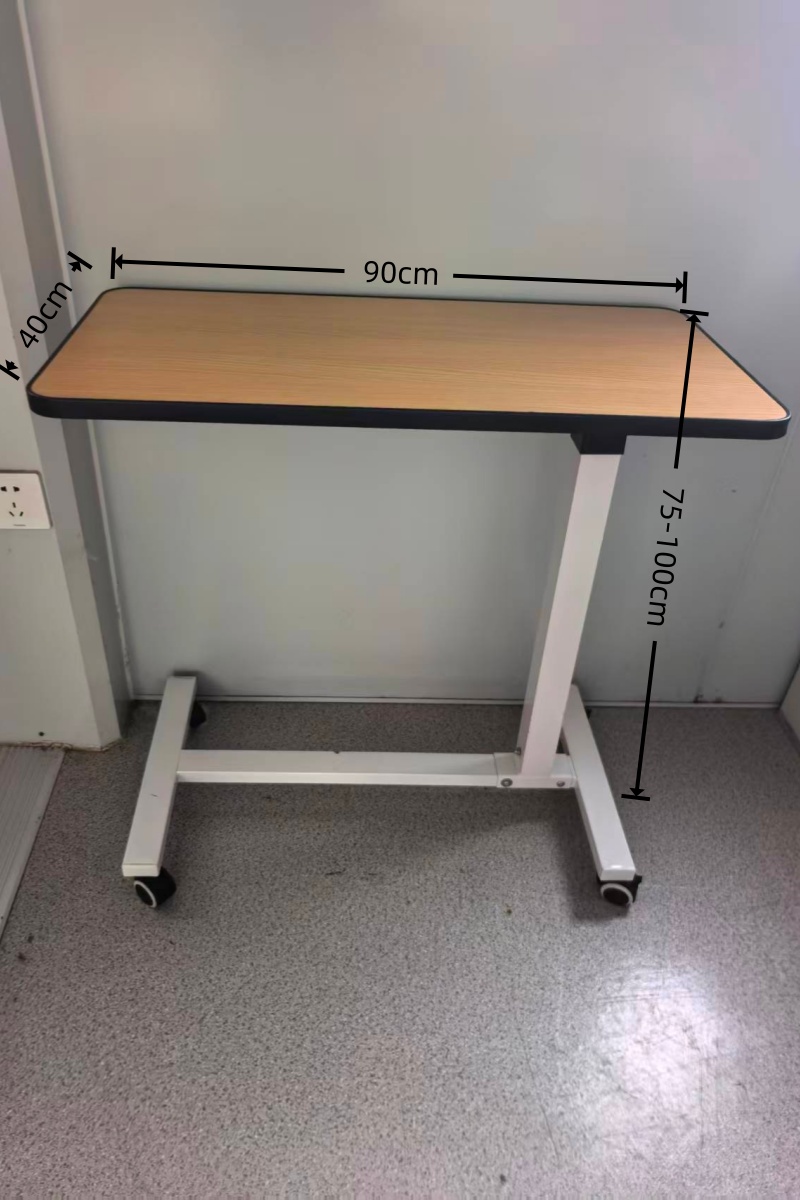 Nuoan MEDICAL Height Adjustable Automatic Overbed Pneumatic Metal Bedside Table with Wheels for Hospital Bedroom Living Room Use