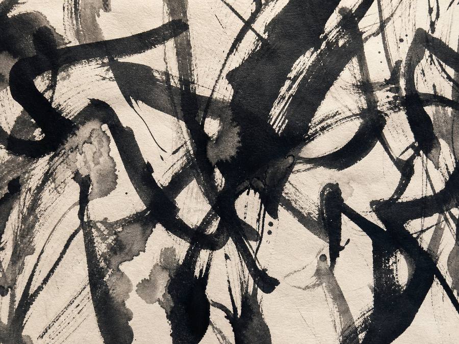 Close-up detail of abstract Chaos Script inspired ink brushwork