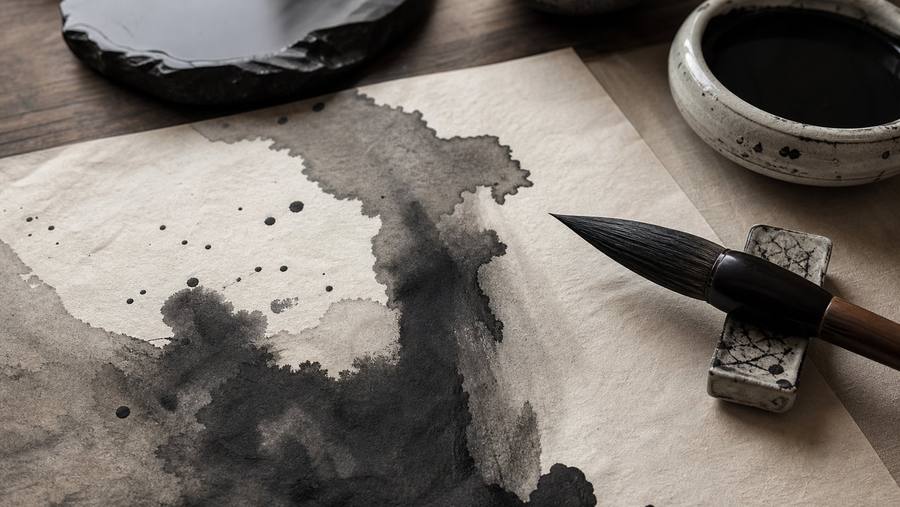 Studio detail of ink brush and abstract ink on rice paper