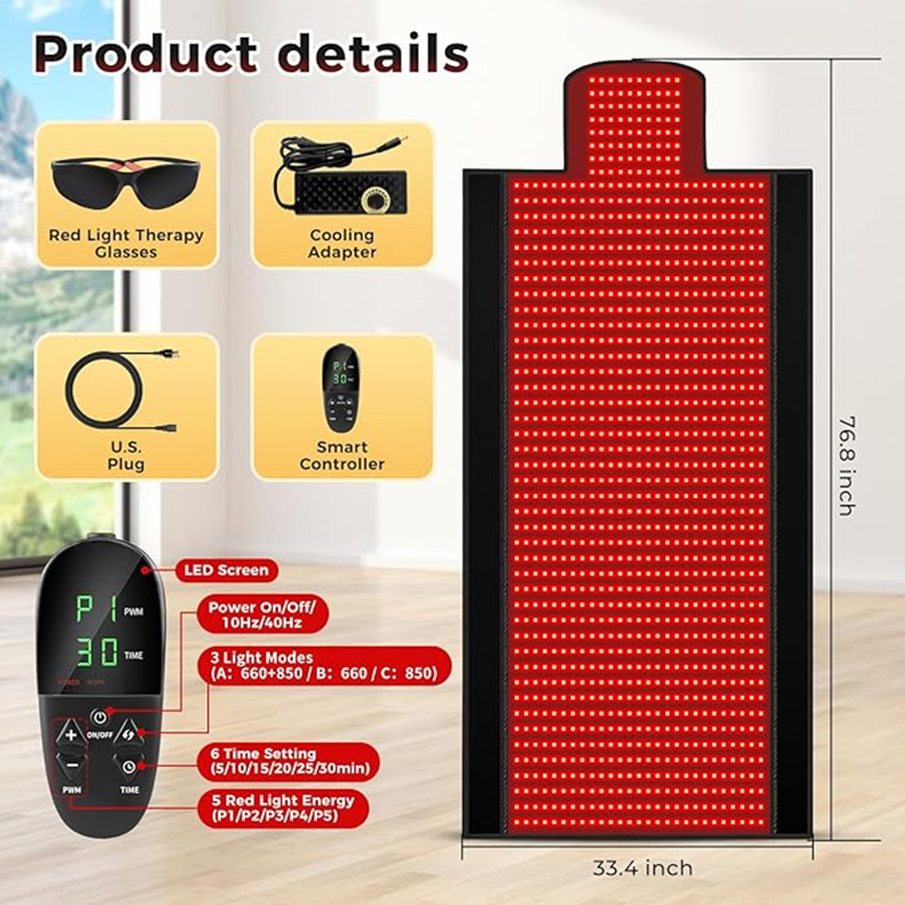 Body Red Light Therapy Mat, Eligible Red Light Therapy Blanket, 2in1 LEDs(660nm& 850nm), Premium Leather, Adjustable Timer & Intensity 195x60cm 1370 LEDs