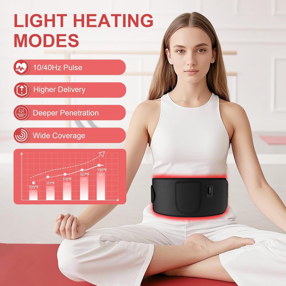 Red Light Heating for Body: RAYOCON 5 Light Levels Light Heat Belt Wrap for Back/Waist 660nm & 850nm Led Beads with Timer