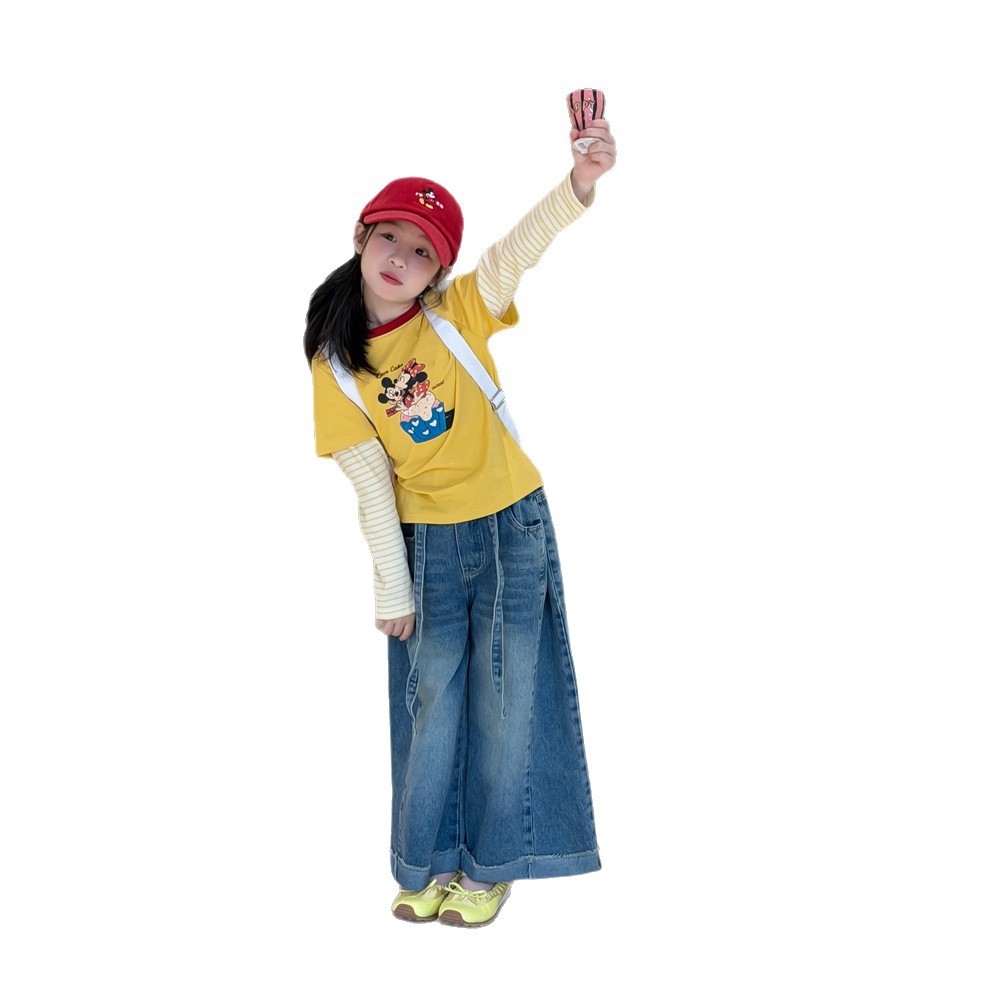 末小蒙2026春季女童韩版复古高级感折边阔腿裤儿童休闲宽松牛仔裤