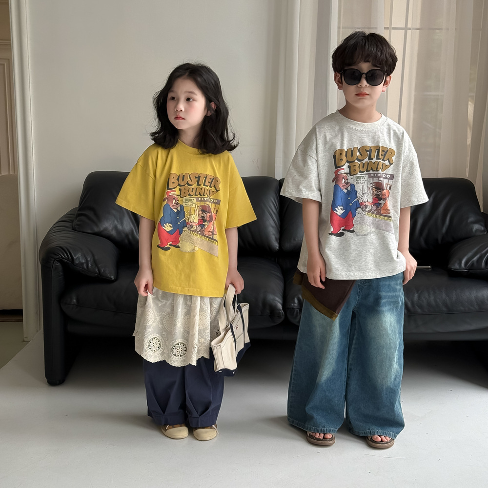 童T恤2026夏款男女童韩版卡通字母印花短袖儿童圆领百搭休闲上衣