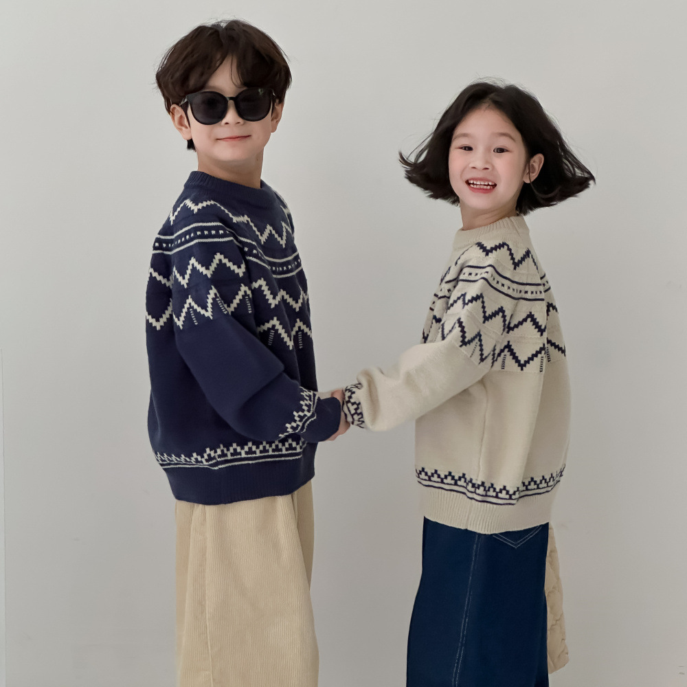 末小蒙童毛衣2026秋款男童女童韩版波浪针织上衣儿童圆领休闲宽松