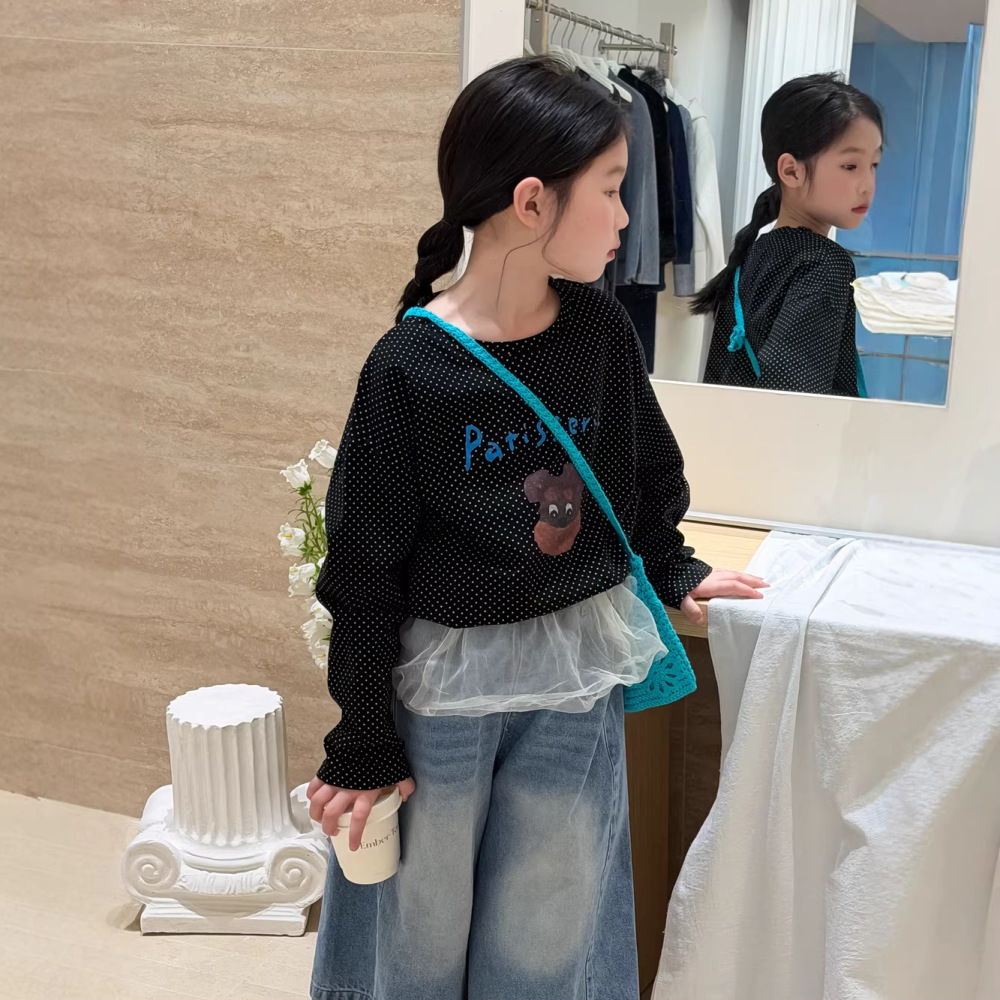 末小蒙童T恤2026春季女童韩版红色圆点卡通长袖上衣儿童字母打底