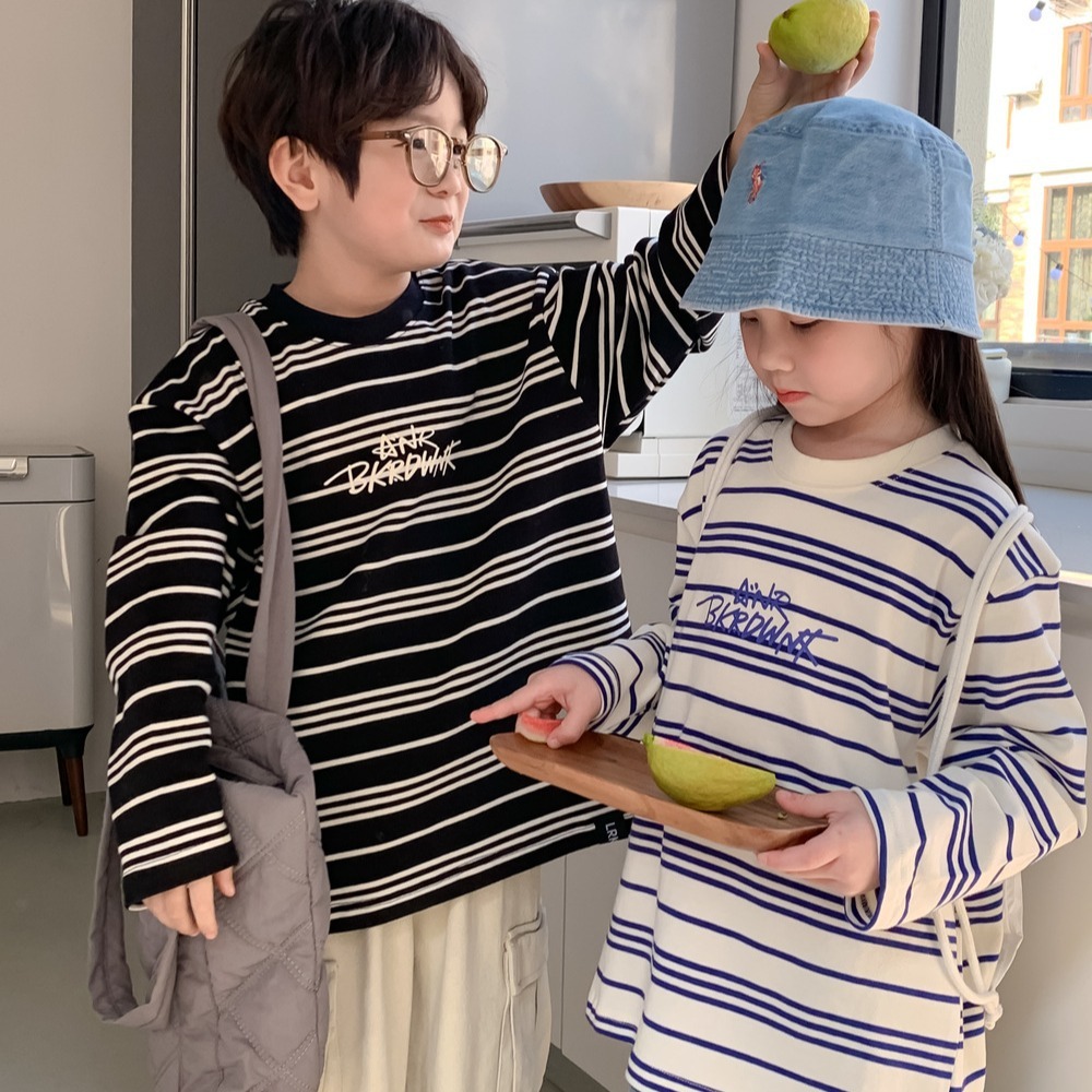童卫衣2026春款男童女童韩版字母条纹T恤儿童圆领宽松休闲打底衫