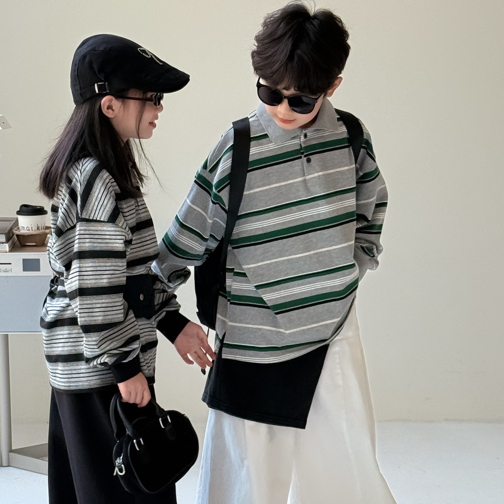 童POLO衫2026秋季男女童韩版条纹宽松上衣儿童翻领休闲长袖打底衫