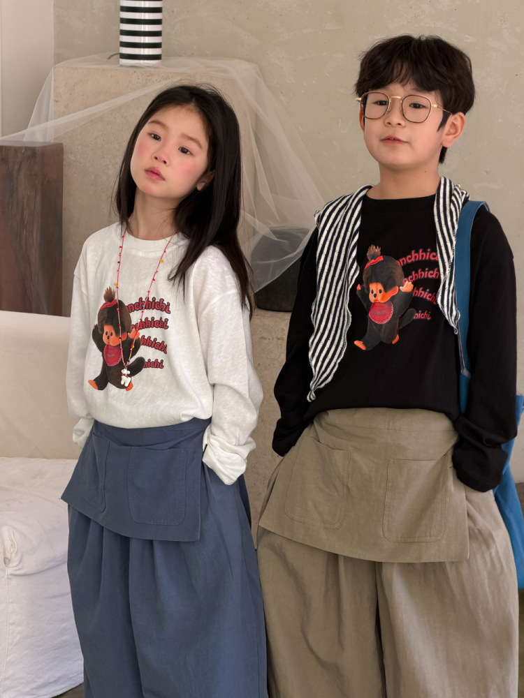 末小蒙童T恤2026春男女童韩版卡通字母印花上衣儿童圆领休闲宽松T