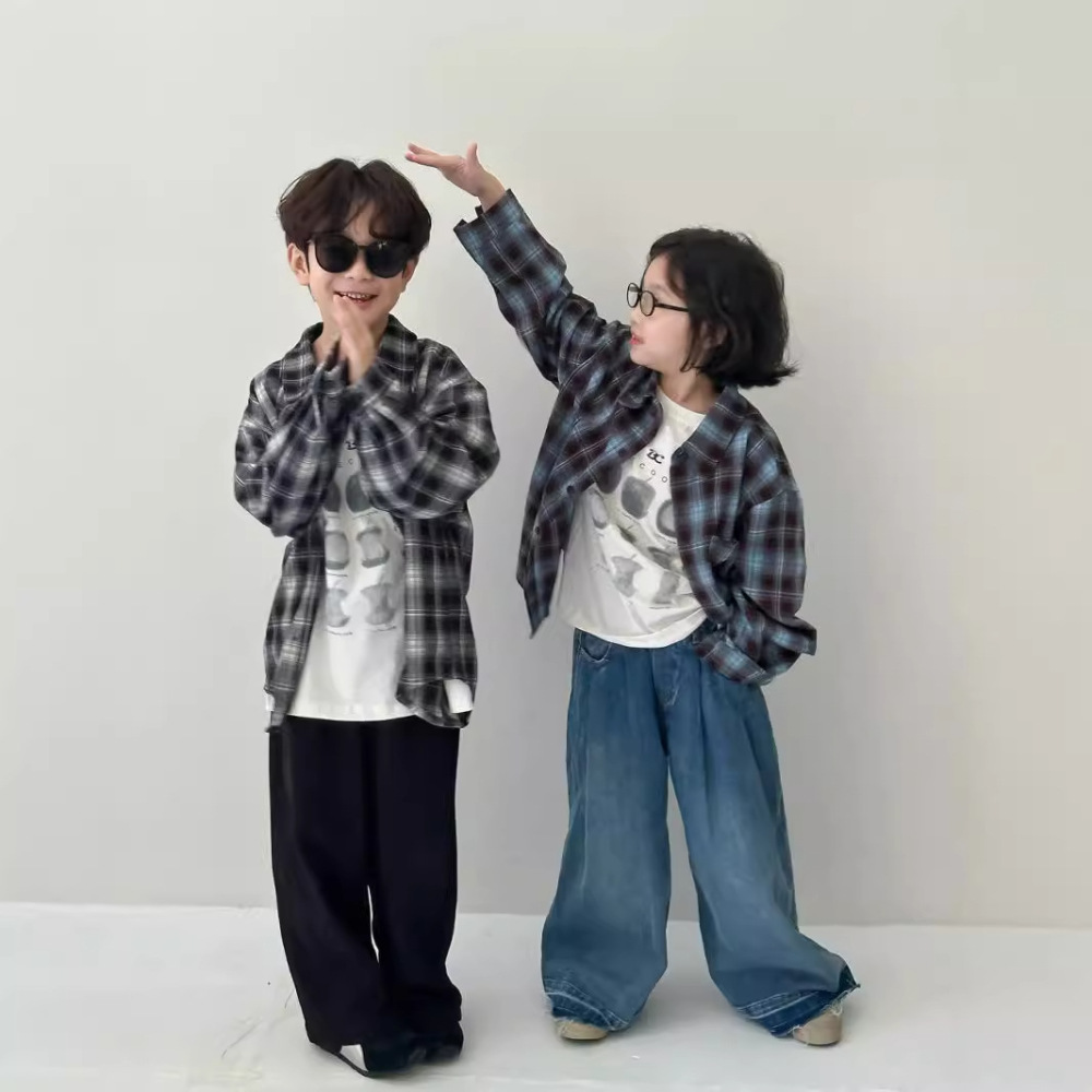 童衬衫2026春款男女童韩版绒感格子衬衣儿童休闲百搭宽松长袖上衣