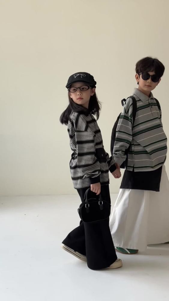 童POLO衫2026秋季男女童韩版条纹宽松上衣儿童翻领休闲长袖打底衫