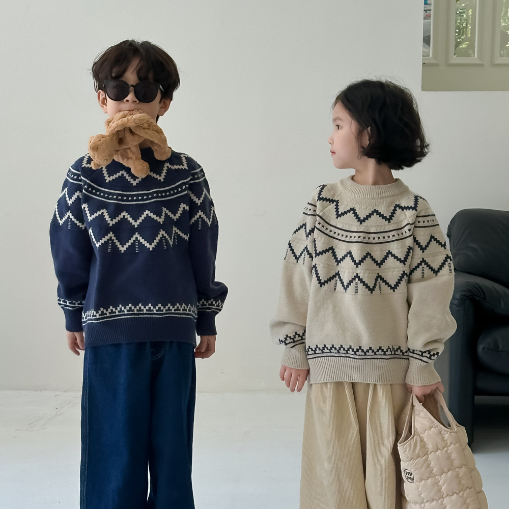 末小蒙童毛衣2026秋款男童女童韩版波浪针织上衣儿童圆领休闲宽松