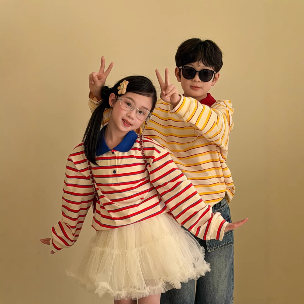 末小蒙童POLO衫2026春季男童女童韩版娃娃领上衣儿童休闲条纹T恤