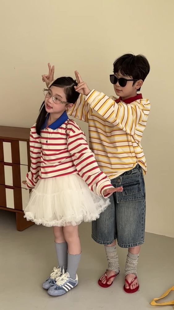 末小蒙童POLO衫2026春季男童女童韩版娃娃领上衣儿童休闲条纹T恤