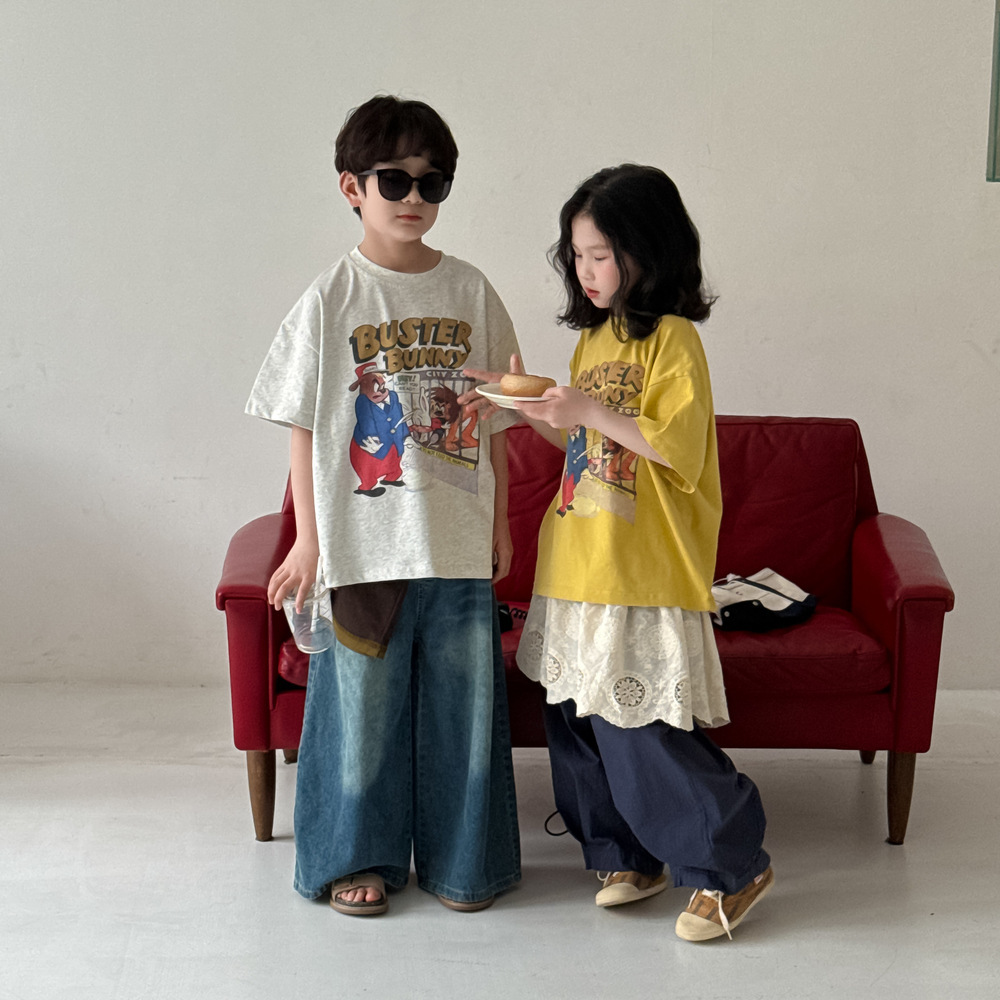 童T恤2026夏款男女童韩版卡通字母印花短袖儿童圆领百搭休闲上衣