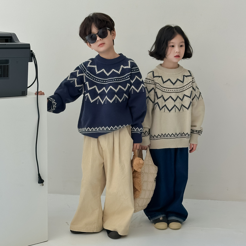 末小蒙童毛衣2026秋款男童女童韩版波浪针织上衣儿童圆领休闲宽松