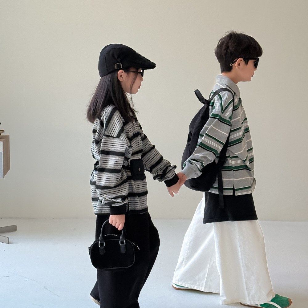 童POLO衫2026秋季男女童韩版条纹宽松上衣儿童翻领休闲长袖打底衫