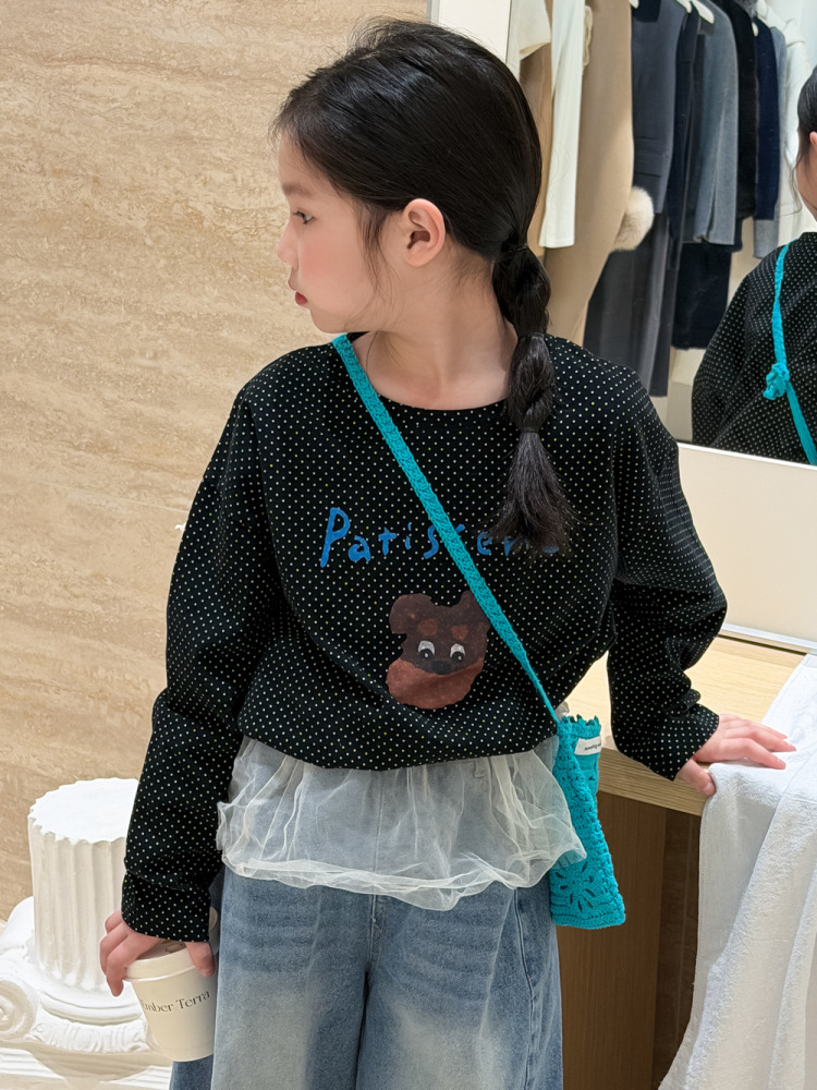 末小蒙童T恤2026春季女童韩版红色圆点卡通长袖上衣儿童字母打底