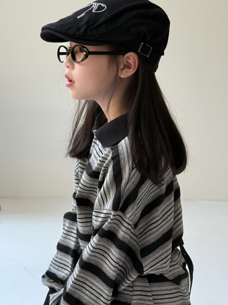 童POLO衫2026秋季男女童韩版条纹宽松上衣儿童翻领休闲长袖打底衫