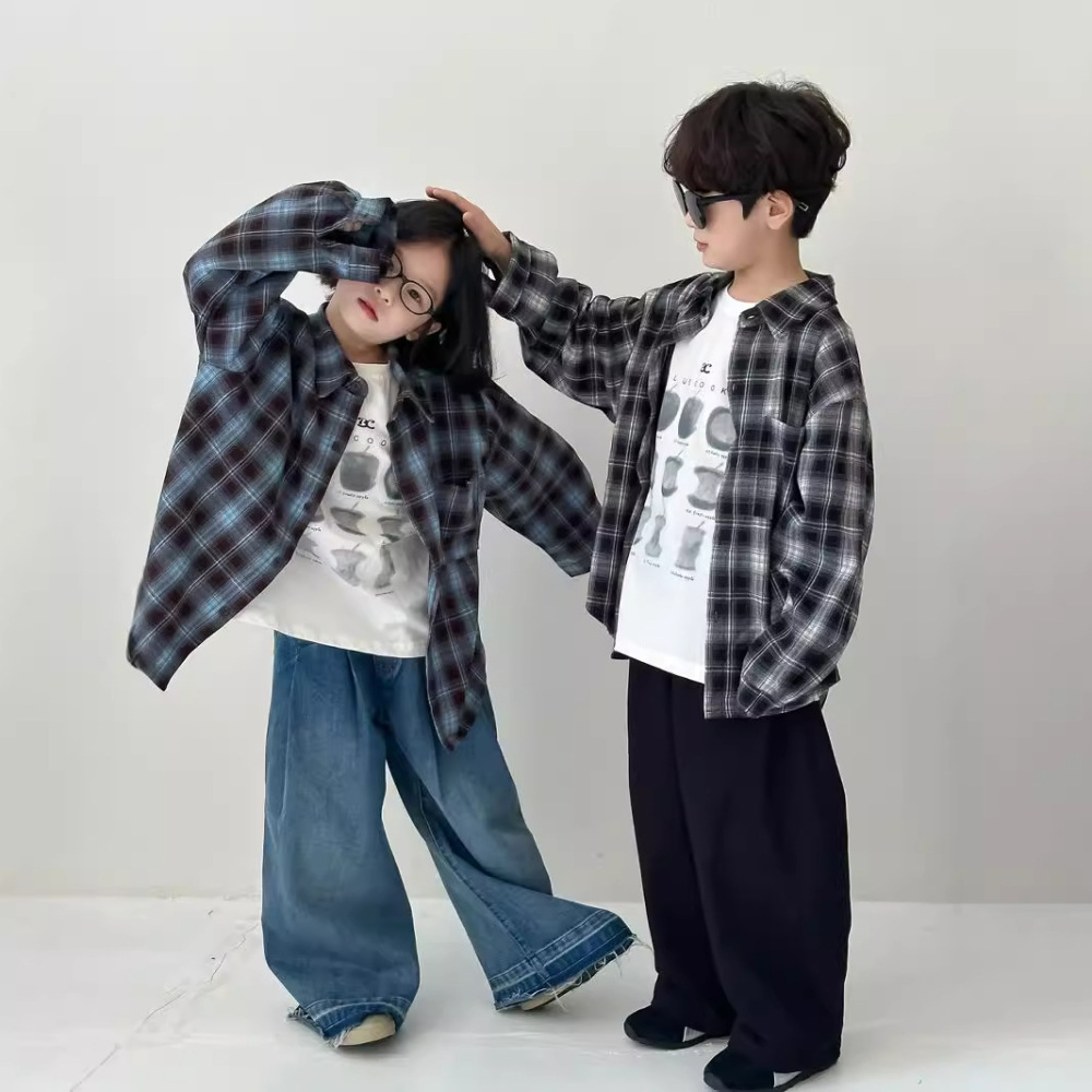 童衬衫2026春款男女童韩版绒感格子衬衣儿童休闲百搭宽松长袖上衣