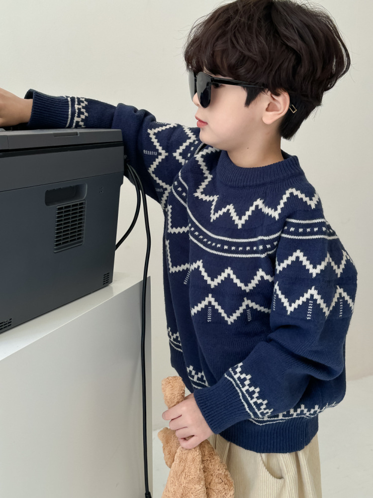 末小蒙童毛衣2026秋款男童女童韩版波浪针织上衣儿童圆领休闲宽松