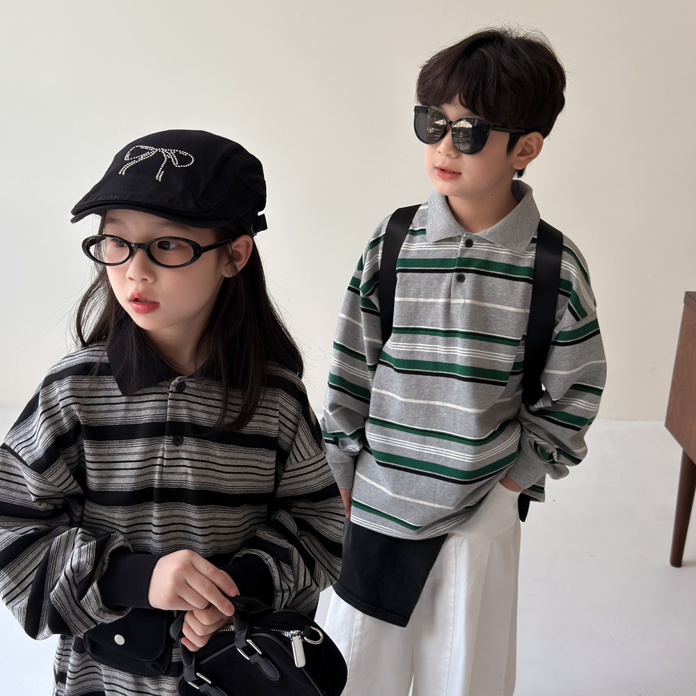 童POLO衫2026秋季男女童韩版条纹宽松上衣儿童翻领休闲长袖打底衫