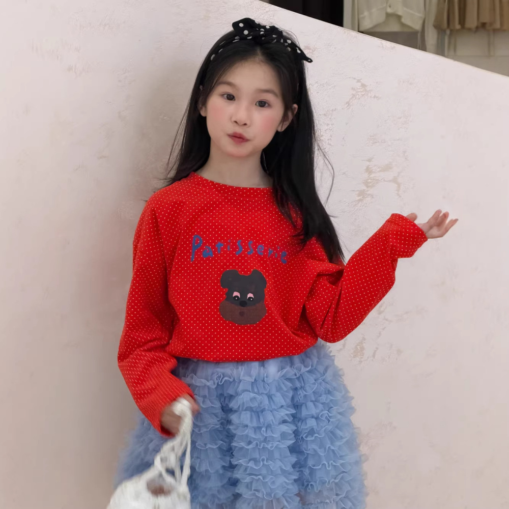 末小蒙童T恤2026春季女童韩版红色圆点卡通长袖上衣儿童字母打底