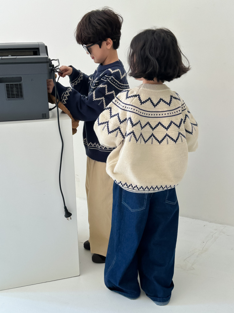 末小蒙童毛衣2026秋款男童女童韩版波浪针织上衣儿童圆领休闲宽松